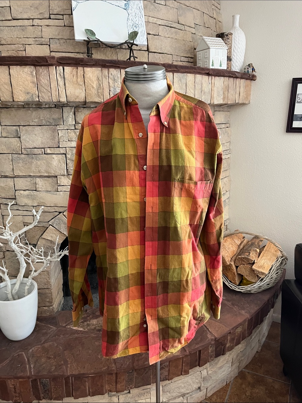 Viyella Button-Down Checked Plaid Fall Colors Size L